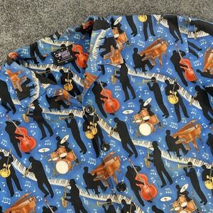 VTG The Cosmic Shirt Co. Men's XL Blue Hawaiian Jazz Blues Instruments Print 90s